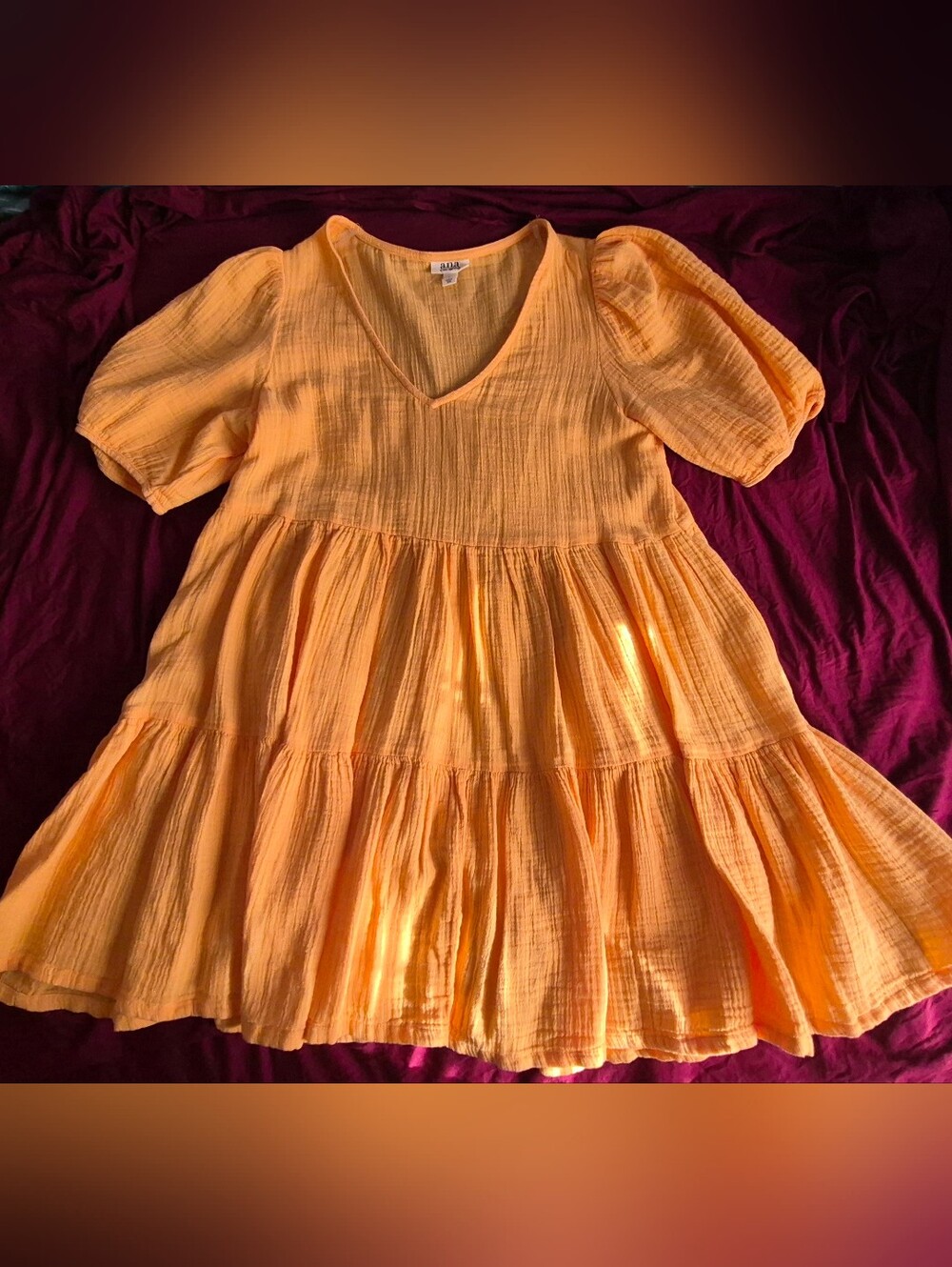 a.n.a Yellow Crinkle Gauze Tiered Boho Babydoll Dress Puff Sleeve